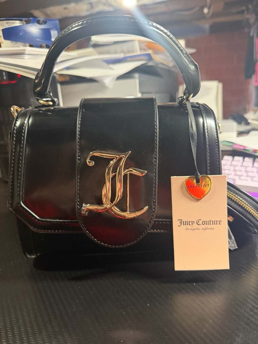 Juicy Couture Black Patent JC Logo Top Handle Crossbody Bag with Coin Purse